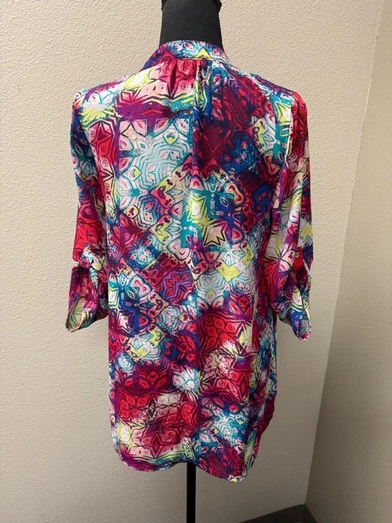 Fury Abstract Print Blouse V Neck Boho Top Pink Blue Multicolor Tunic Chic - Picture 5 of 8